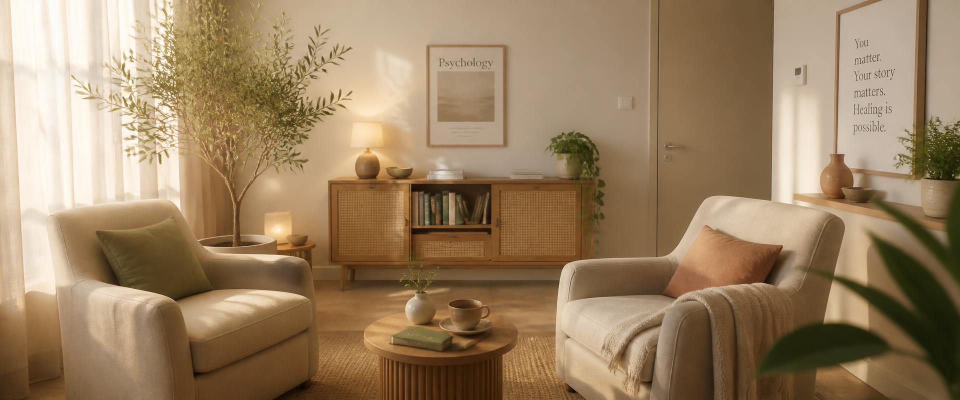 A calm, warmly lit MindKey consultation room with linen armchairs and soft natural light